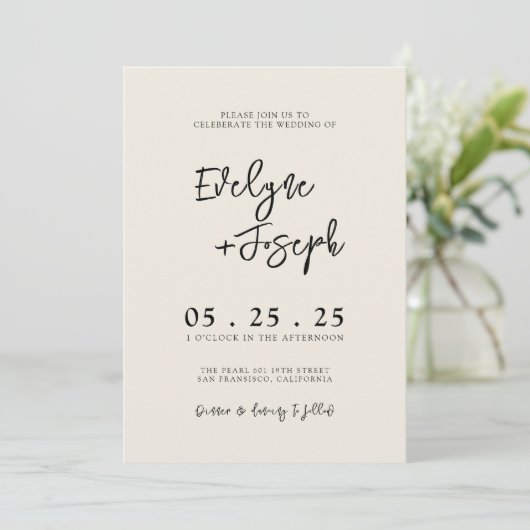 Invitation Elégant noir et crème minimal Boho QR Code Mariage (Debout devant)