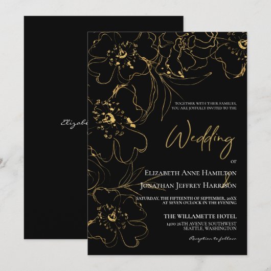 Invitation Élégant Noir et ligne d'or Art Mariage Floral (Devant / Derrière)