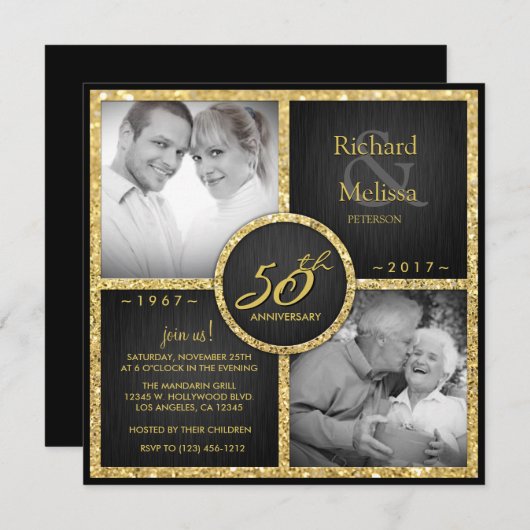 Invitation Élégant Noir et Or 50e Anniversaire de Mariage (Devant / Derrière)