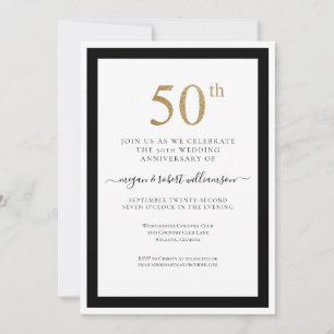 Invitation Élégant Noir et Or 50ème Anniversaire de Mariage 