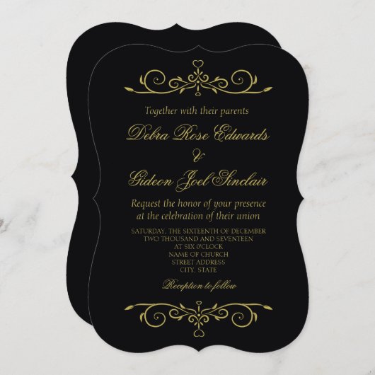 Invitation Élégant Noir et Or Coeur Flourdissant Mariage (Devant / Derrière)