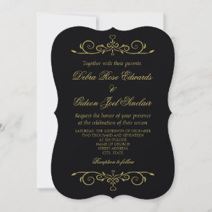 Invitation Élégant Noir et Or Coeur Flourdissant Mariage