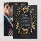 Invitation Elégant noir et or Floral Design de luxe (Devant / Derrière)