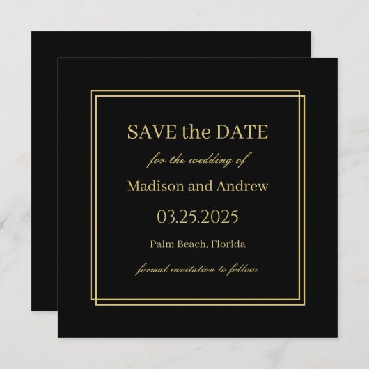 Invitation Elégant Noir et Or Mariage Enregistrer la Date Inv (Devant / Derrière)