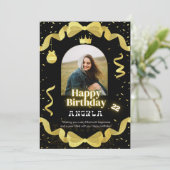 Invitation élégant noir et or photo d'anniversaire simple (Debout devant)