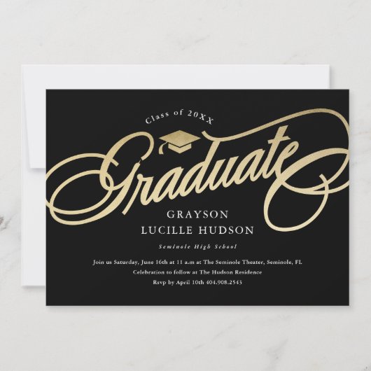 Invitation Élégant noir et or Script photo Graduation (Devant)
