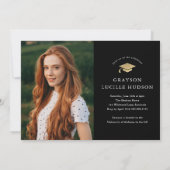 Invitation Élégant noir et or Script photo Graduation (Dos)