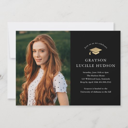 Invitation Élégant noir et or Script photo Graduation (Dos)