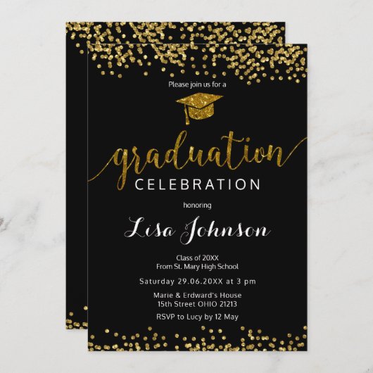 Invitation Élégant noir et or Sparkle Parties scintillant Gra (Devant / Derrière)
