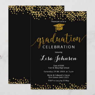 Invitation Élégant noir et or Sparkle Parties scintillant Gra