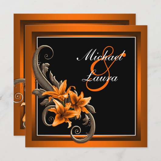 Invitation Élégant noir et orange Asiatique Lily Mariage (Devant / Derrière)