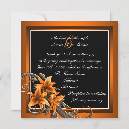 Invitation Élégant noir et orange Asiatique Lily Mariage (Dos)