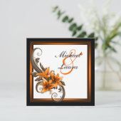 Invitation Élégant noir et orange Asiatique Lily Mariage (Debout devant)