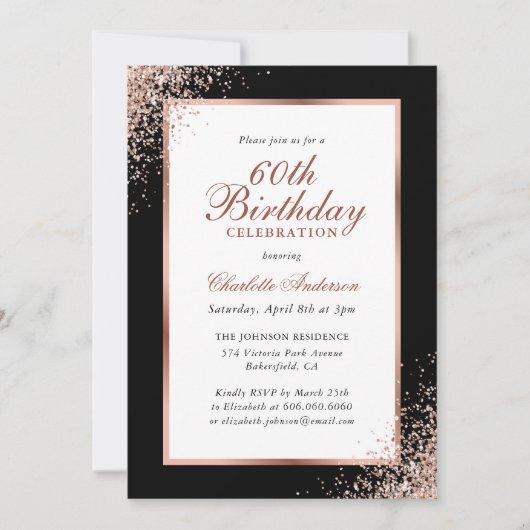 Invitation Elégant Noir et Rose Gold Confetti 60e anniversair (Devant)