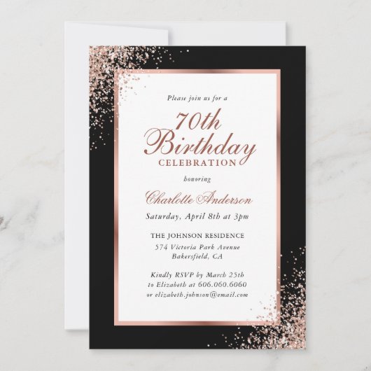 Invitation Elégant Noir et Rose Gold Confetti 70e anniversair (Devant)