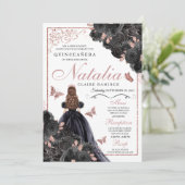 Invitation Elégant noir et Rose or Floral Quinceanera Inv (Debout devant)
