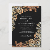 Invitation Elégant noir et Rose or Mariage de dentelle floral (Devant)