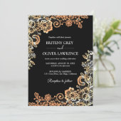 Invitation Elégant noir et Rose or Mariage de dentelle floral (Debout devant)