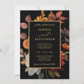 Invitation Élégant noir et rouille automne Mariage floral (Devant)