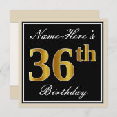 Invitation Elégant, noir, Faux Gold 36e anniversaire + Nom (Devant / Derrière)