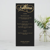 Invitation Elégant Noir & Faux Gold Calligraphy Menu Mariage (Debout devant)
