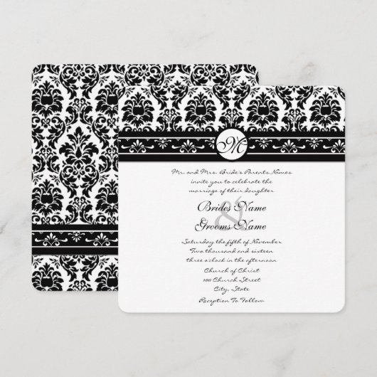 Invitation Elégant noir Faux gravé Floral Mariage damassé (Devant / Derrière)