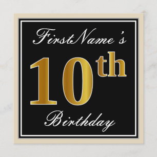 Invitation Elégant, Noir, Faux Or 10ème Anniversaire + Nom