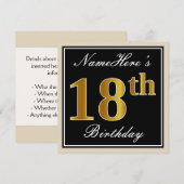 Invitation Elégant, Noir, Faux Or 18ème Anniversaire + Nom (Devant / Derrière)