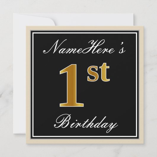Invitation Elégant, Noir, Faux Or 1er Anniversaire + Nom (Devant)