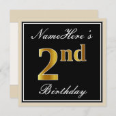 Invitation Elégant, Noir, Faux Or 2ème Anniversaire + Nom (Devant / Derrière)
