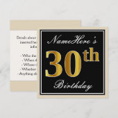 Invitation Elégant, Noir, Faux Or 30ème Anniversaire + Nom (Devant / Derrière)