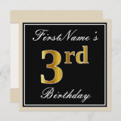 Invitation Elégant, Noir, Faux Or 3ème Anniversaire + Nom (Devant / Derrière)