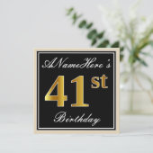Invitation Elégant, Noir, Faux Or 41ème Anniversaire + Nom (Debout devant)