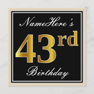 Invitation Elégant, Noir, Faux Or 43ème Anniversaire + Nom