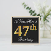Invitation Elégant, Noir, Faux Or 47ème Anniversaire + Nom (Debout devant)