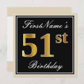 Invitation Elégant, Noir, Faux Or 51ème Anniversaire + Nom (Devant / Derrière)