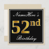 Invitation Elégant, Noir, Faux Or 52ème Anniversaire + Nom (Devant / Derrière)