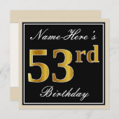 Invitation Elégant, Noir, Faux Or 53ème Anniversaire + Nom (Devant / Derrière)