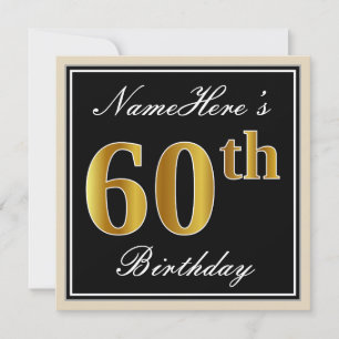 Invitation Elégant, Noir, Faux Or 60ème Anniversaire + Nom