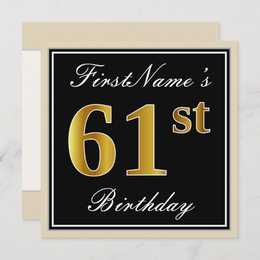 Invitation Elégant, Noir, Faux Or 61ème Anniversaire + Nom (Devant / Derrière)