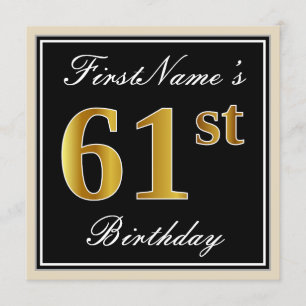 Invitation Elégant, Noir, Faux Or 61ème Anniversaire + Nom