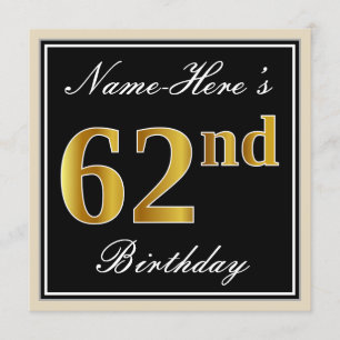 Invitation Elégant, Noir, Faux Or 62ème Anniversaire + Nom