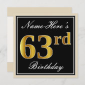 Invitation Elégant, Noir, Faux Or 63ème Anniversaire + Nom (Devant / Derrière)