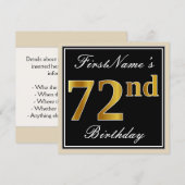 Invitation Elégant, Noir, Faux Or 72ème Anniversaire + Nom (Devant / Derrière)
