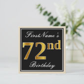 Invitation Elégant, Noir, Faux Or 72ème Anniversaire + Nom (Debout devant)