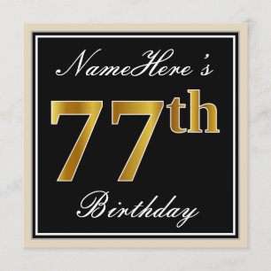 Invitation Elégant, Noir, Faux Or 77ème Anniversaire + Nom