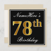 Invitation Elégant, Noir, Faux Or 78ème Anniversaire + Nom (Devant / Derrière)