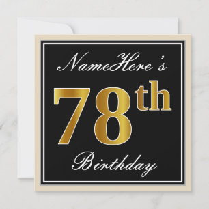 Invitation Elégant, Noir, Faux Or 78ème Anniversaire + Nom