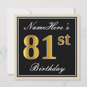 Invitation Elégant, Noir, Faux Or 81ème Anniversaire + Nom