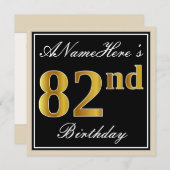 Invitation Elégant, Noir, Faux Or 82ème Anniversaire + Nom (Devant / Derrière)